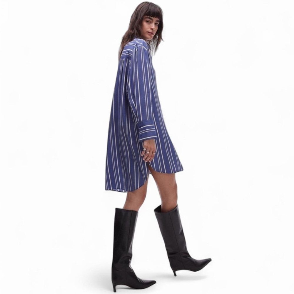 Topshop Striped Satin Button Front Shirt Dress Blue White S NWT